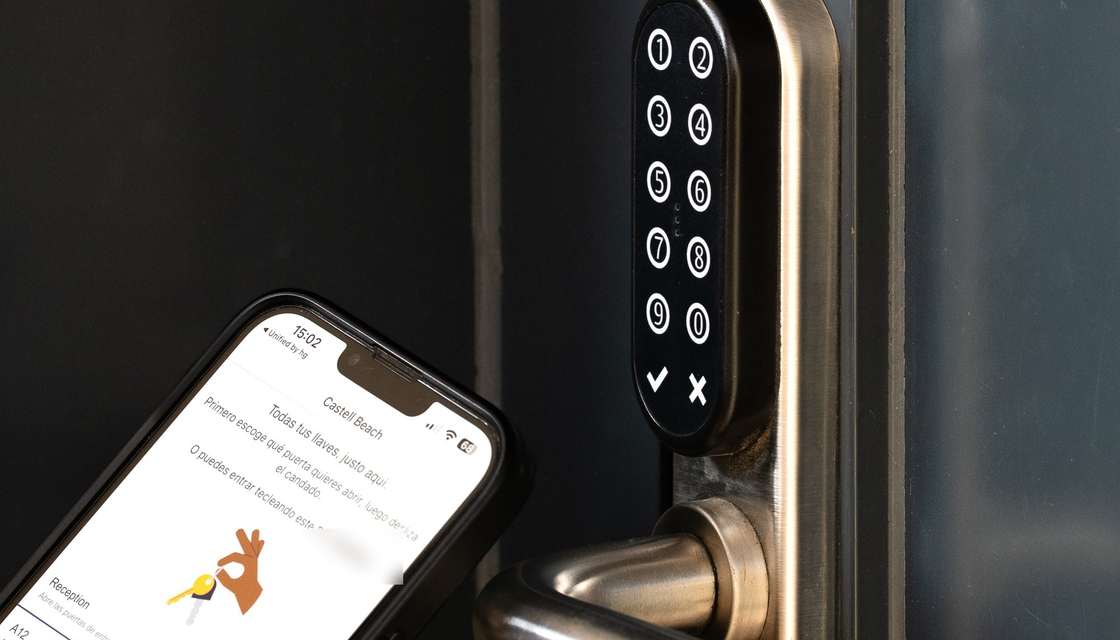 Cerradura con teclado en la puerta y un móvil con la app para abrirla