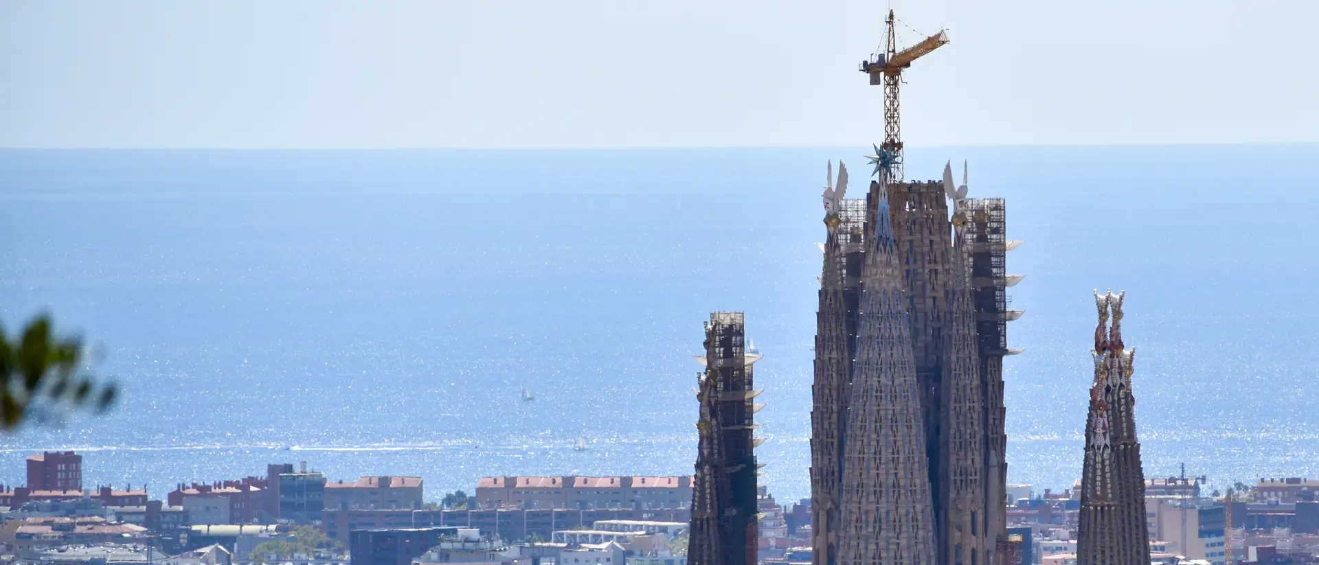 La Sagrada Familia sobresale entre los edificios de Barcelona, con el mar al fondo, vista desde el Park Güell